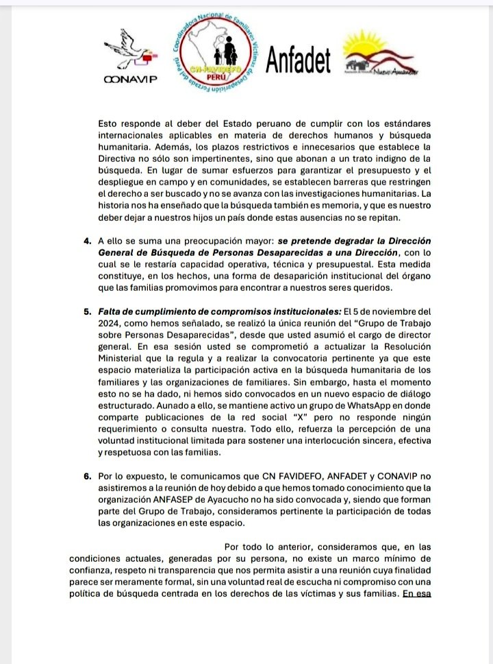 jfowks's tweet photo. Otra carta de queja contra la gestión del @MinjusDH_Peru y el funcionario Pacheco que desde agosto 2024 han retrocedido en las tareas de búsqueda de víctimas de desaparición forzada entre 1980-2000. Hoy otro grupo de familiares de víctimas tampoco asiste a reunión de Pacheco https://t.co/fBx8tiIOo0