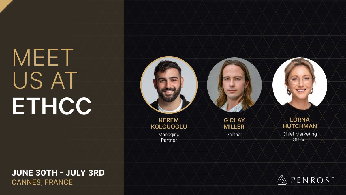 PartnersPenrose's tweet image. Will you be attending #EthCC in Cannes this month?
If you're interested in exploring collaborations or learning more about the work we’re doing at Penrose Partners, we’d love to hear from you.
📩 Reach out to Kerem Kolcuoglu, G Clay Miller, or Lorna Hutchman, or contact us…