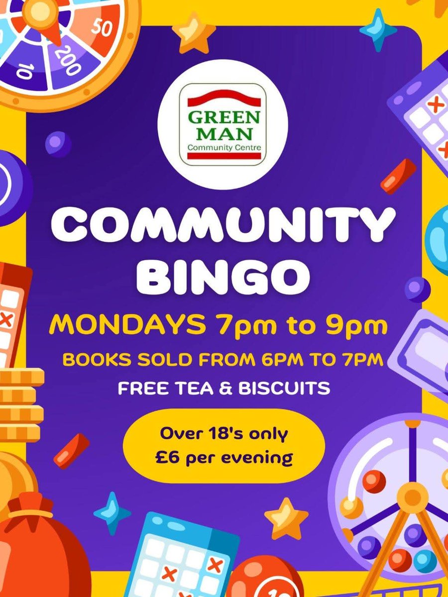 🎉 Community Bingo! 🎉
Over 18s only • £6 per evening
📅 Mondays | ⏰ 7–9pm
📚 Books on sale 6–7pm
☕ Free tea &amp; biscuits – come for the prizes, stay for the vibes!
at the Green Man Community Centre N2 9BA
