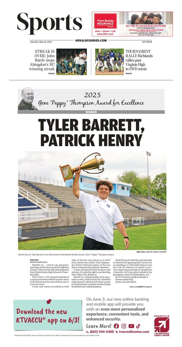 From Graham's Eddie Hall in 1982 to Patrick Henry's Tyler Barrett in 2025, a look at winners of the Bristol Herald Courier's Gene "Pappy" Thompson Award:

heraldcourier.com/sports/high-sc…