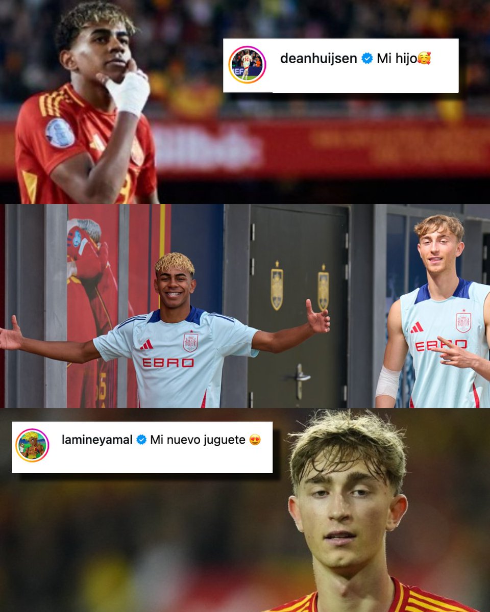 La gente de la Selección de España subió un carrusel de fotos de Lamine Yamal y Dean Huijsen. ¿Cómo reaccionaron el nuevo central del Real Madrid y la joya del FC Barcelona? El zaguero de 20 años escribió "MI HIJO", mientras que el extremo de 17 años de edad aseguró que el