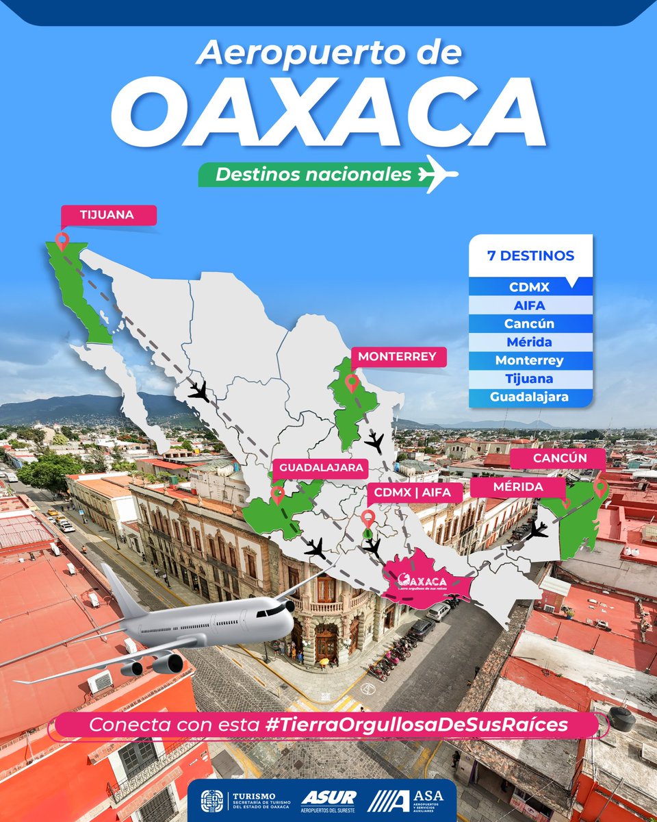 Rutas que conectan con el #CorazónCulturaldeMéxico

Desde la capital oaxaqueña, estamos conectados por vía aérea con distintas ciudades del país, y ¡la #Guelaguetza se acerca! Reserva tu vuelo y vive la máxima fiesta de #Oaxaca.