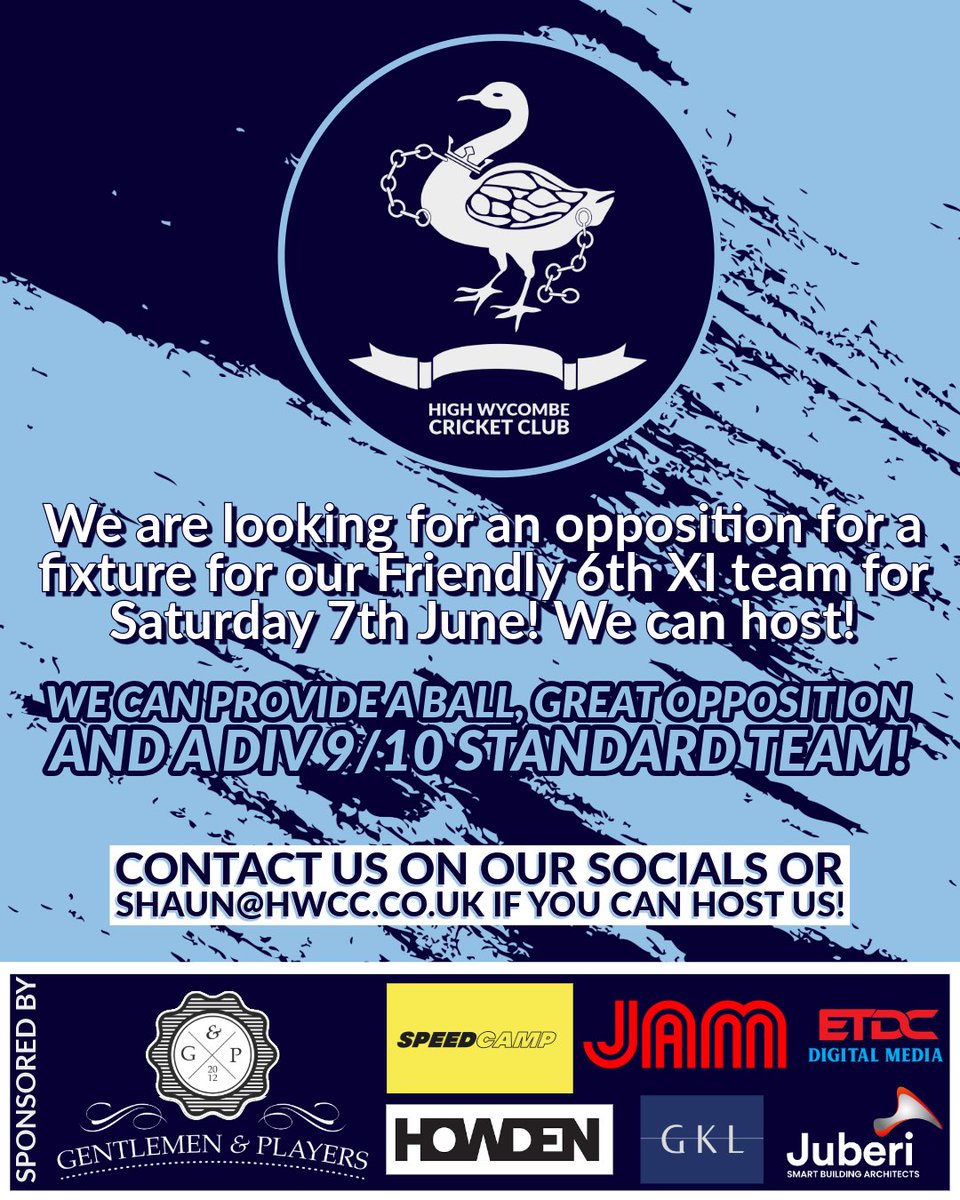 High Wycombe CC (@wycombewarriors) on Twitter photo We are looking for an opposition for our 6th XI on Saturday 7th June, we have a Div 9/10 standard side and can provide a ground and ball.
Game will be at Downley CC Bucks
<a href="/ThamesValleyCL/">Thames Valley Cricket League</a>
<a href="/TheFixtureMan/">TheFixtureMan</a>
<a href="/CFixturelist/">Cricket Fixture list</a>
<a href="/ClubCricketConf/">ClubCricketConf</a> We are looking for an opposition for our 6th XI on Saturday 7th June, we have a Div 9/10 standard side and can provide a ground and ball.
Game will be at Downley CC Bucks
<a href="/ThamesValleyCL/">Thames Valley Cricket League</a>
<a href="/TheFixtureMan/">TheFixtureMan</a>
<a href="/CFixturelist/">Cricket Fixture list</a>
<a href="/ClubCricketConf/">ClubCricketConf</a>