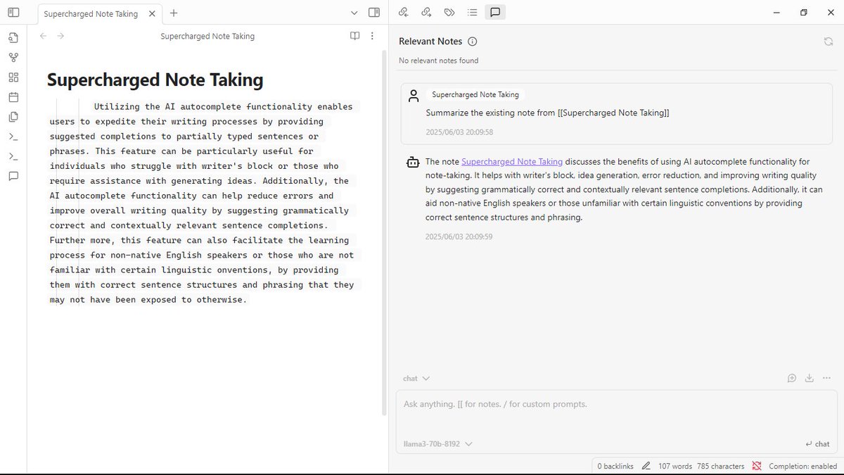 angel_kafui's tweet photo. Integrated the AI autocomplete functionality from Groq to supercharge Obsidian's note-taking app. This helps write notes more quickly and efficiently by offering phrases and ideas based on your past entries and writing style. @alx_africa #ALX_AiSK https://t.co/jCXn5zDEK9