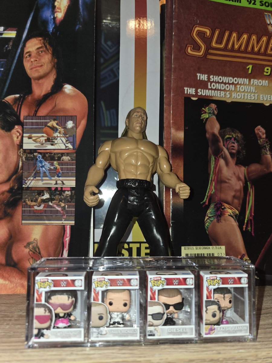 Majimasass's tweet photo. Collection is growing! Got two Scott Hall figures and a questionable Shawn Michaels and adorable mini funkos of my four favs! #WWE #BretHart #RazorRamon #ShawnMichaels https://t.co/KcOWNCo21w