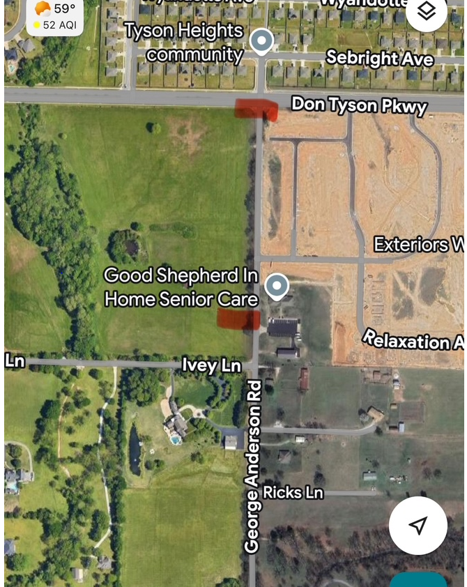 ROAD CLOSURE Update Due to inclement weather George Anderson from Don Tyson PKY to Ivey Ln will be extended to 06/17/2025 and should be back open on 06/18/2025. Please see map for more information.