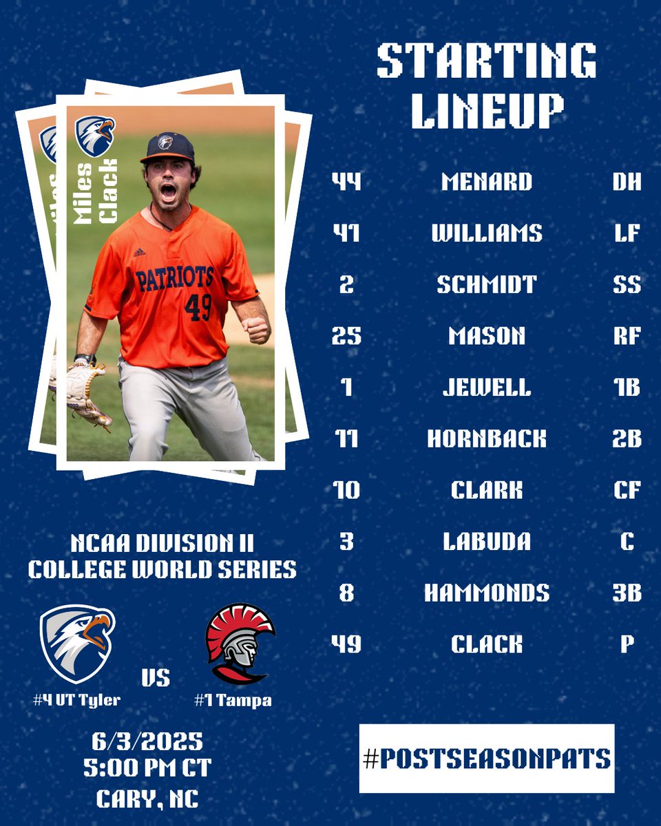 The goal remains the same as the Pats take on the #1 seeded Tampa Spartans in another win or go home game.

First Pitch scheduled for 5 PM CT.

📺 &amp; 📊: tinyurl.com/3kswp3xy