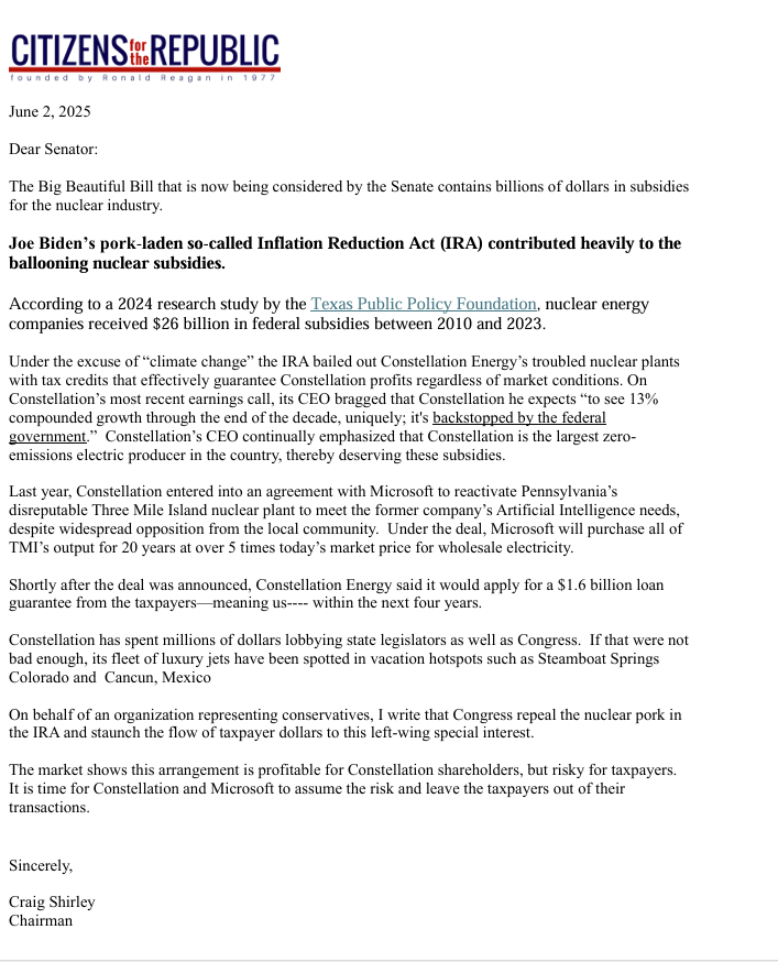 CFTR's tweet image. .@CFTR is calling on all U.S. Senators to cut nuclear subsidies out of the #BigBeautifulBill