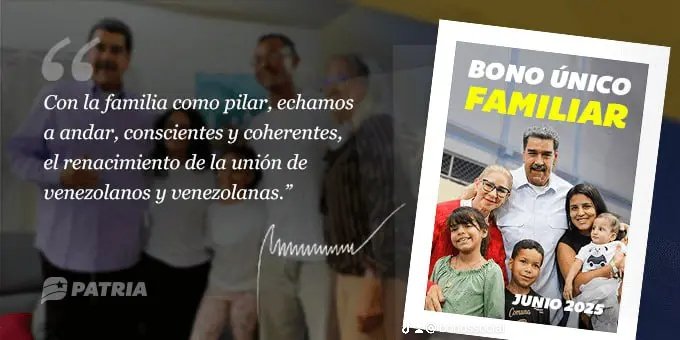 🚨 #AHORA: Inicia la entrega del #BonoÚnicoFamiliar (junio 2025) a través del #SistemaPatria enviado por nuestro Pdte. <a href="/NicolasMaduro/">Nicolás Maduro</a>.

La entrega tendrá lugar entre los días #03Jun al #13Jun de 2025.

✅ Monto en Bs. 1.455,00