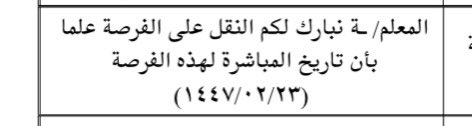 الحمدلله على كرمه وفضله، تم نقلي ولله الحمد ،كل  الشكر والدعاء والتقدير لأهالي شرورة على كرمهم ولطفهم وحُسن خُلقهم خلال فترة وجودي في المحافظة، أسأل الله أن يديم عليكم نعمه، ويجمعنا دائمًا على الخير والمودة ❤️