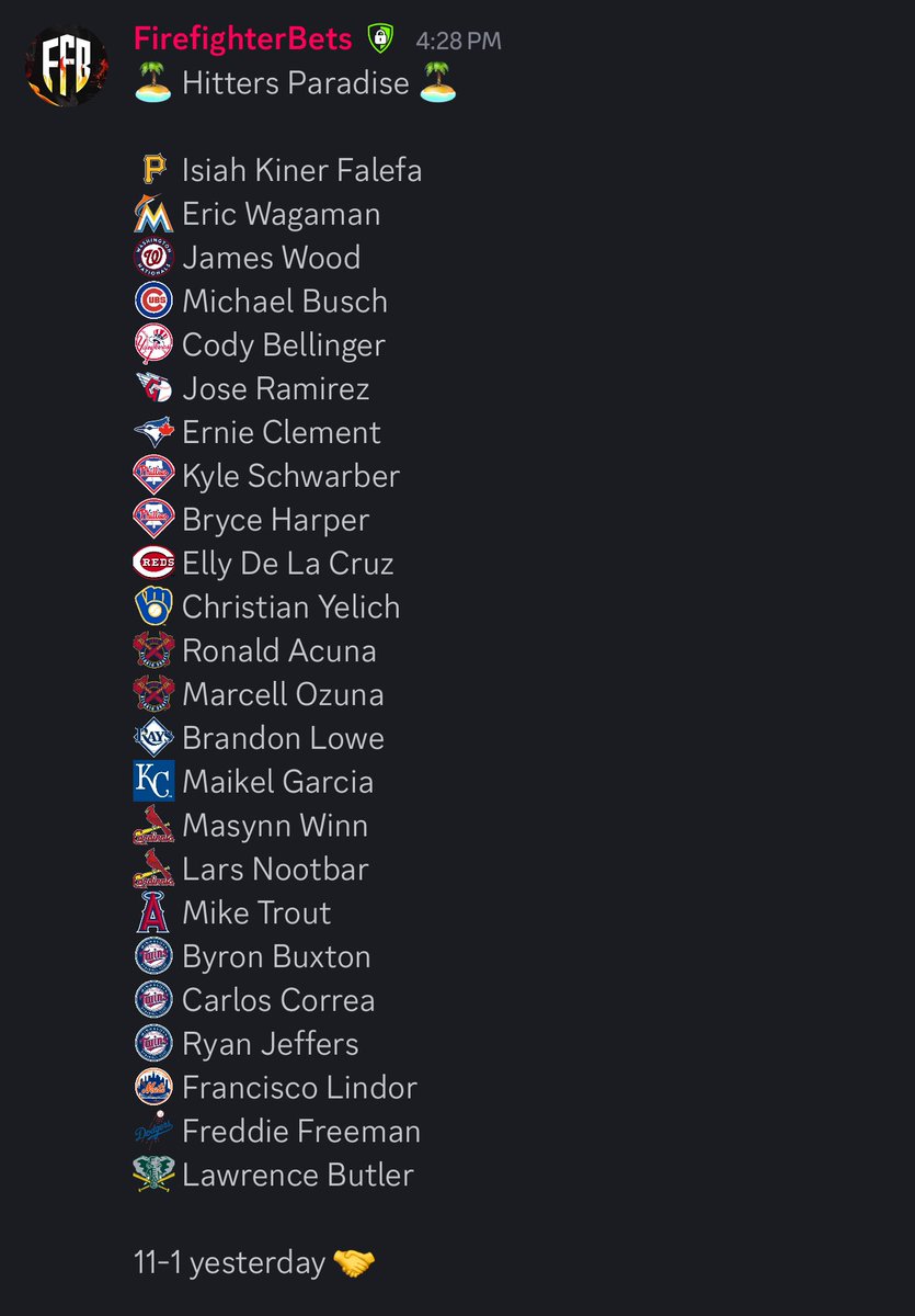 🏝️ Hitters Paradise 🏝️

A little more hefty today. Mix and match players you like. 

Players are chosen based off pitch arsenal, location, handness and more! 

BOL 🍀