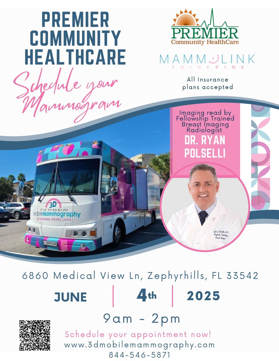 📢 Premier Community HealthCare is bringing 3D Mobile Mammography to our Zephyrhills Women’s Health location tomorrow, June 4, from 9 AM–2 PM! Insured &amp; uninsured women are welcome—no referral needed for 40+. Insurance &amp; Medicare accepted. 
Book now! 3dmobilemammography.com/#section-upcom…