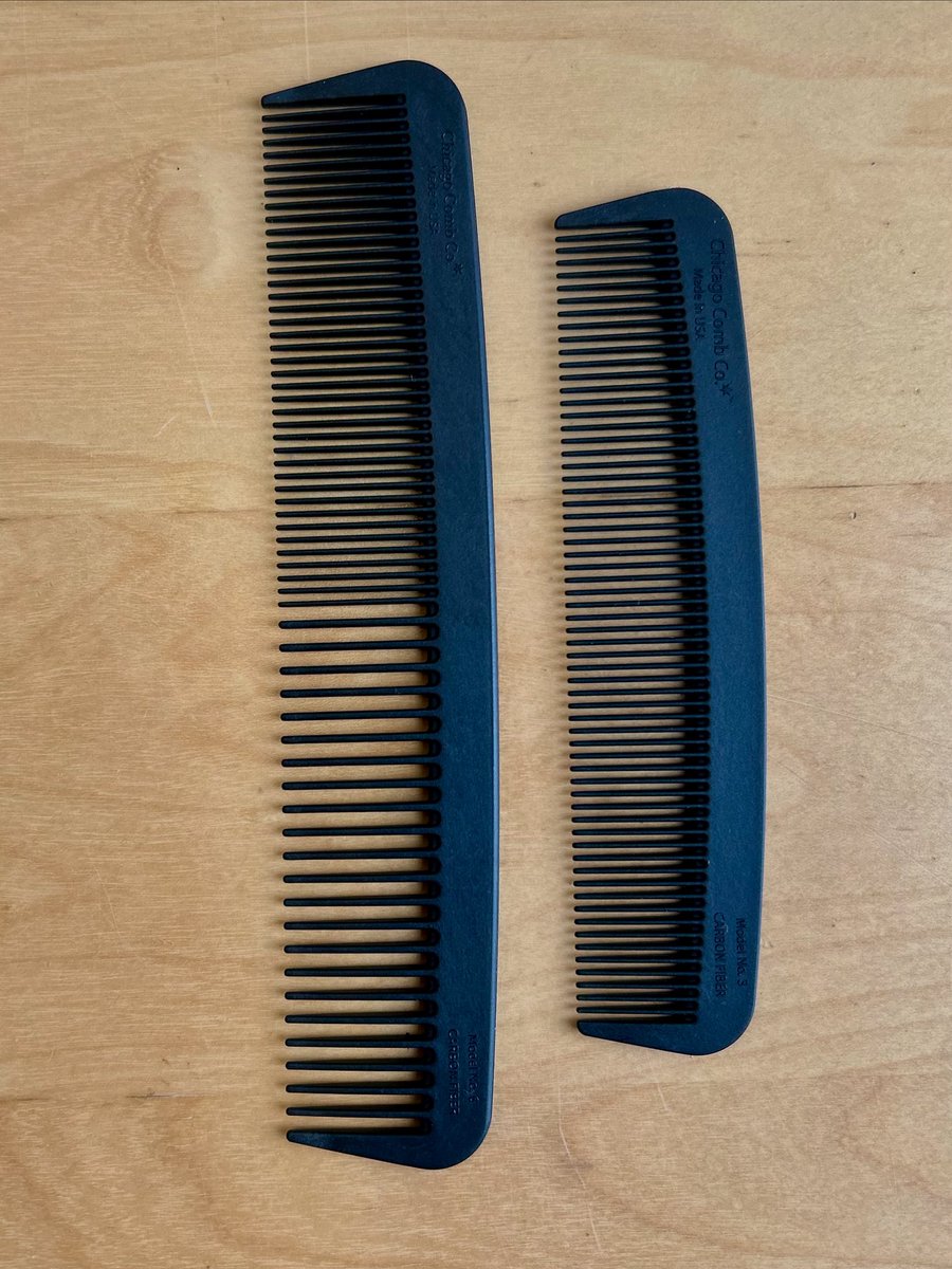 ChicagoComb's tweet image. The Finishers. Kick away fly aways, create a clean part, line up your hair, and look your best with Chicago Comb’s carbon fiber model no. 3 fine tooth pocket comb and no. 6 dual toned styling comb. Made in USA chicagocomb.com