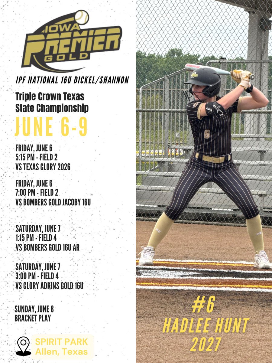 HadleeHunt2027 (@hadleehunt10) on Twitter photo IPF starts our Summer season off in Allen, TX! Here we go!!!!! Come watch this awesome group compete!! 💯🥳💛
<a href="/IowaPremierFP/">Iowa Premier Fastpitch</a> <a href="/PaigeShannonIPF/">Paige Shannon</a> <a href="/OliviaHPaz1997/">Olivia Paz</a> IPF starts our Summer season off in Allen, TX! Here we go!!!!! Come watch this awesome group compete!! 💯🥳💛
<a href="/IowaPremierFP/">Iowa Premier Fastpitch</a> <a href="/PaigeShannonIPF/">Paige Shannon</a> <a href="/OliviaHPaz1997/">Olivia Paz</a>
