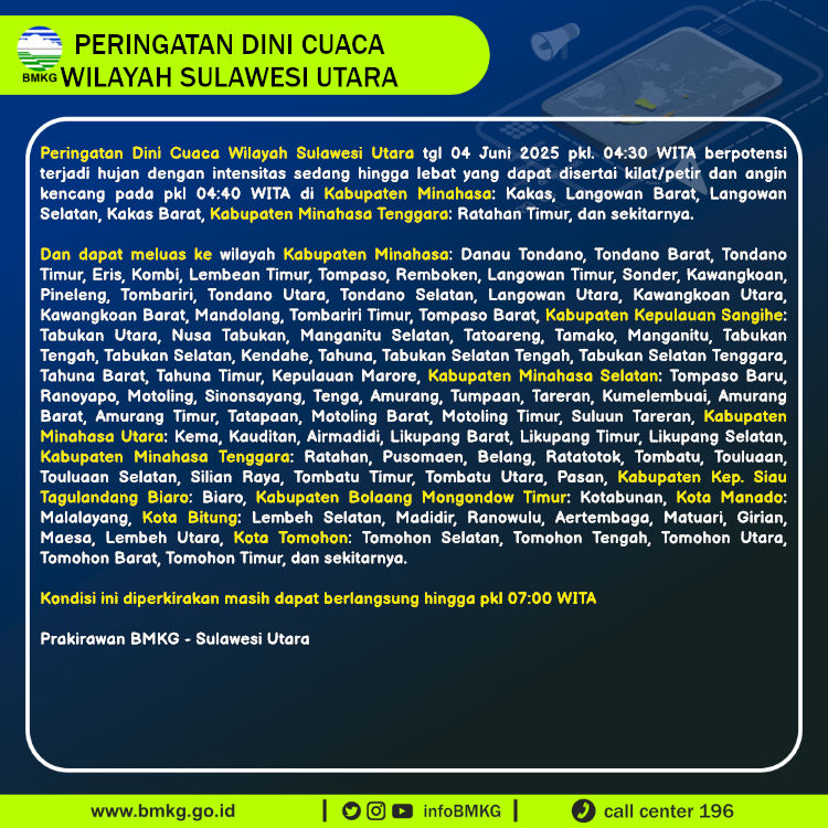 Update Peringatan Dini Cuaca Wilayah - Sulawesi Utara Tgl. 04 Juni 2025 pkl. 04:40 WITA
Prakirawan - BMKG - Sulawesi Utara
nowcasting.bmkg.go.id/nowcast?kodwil…