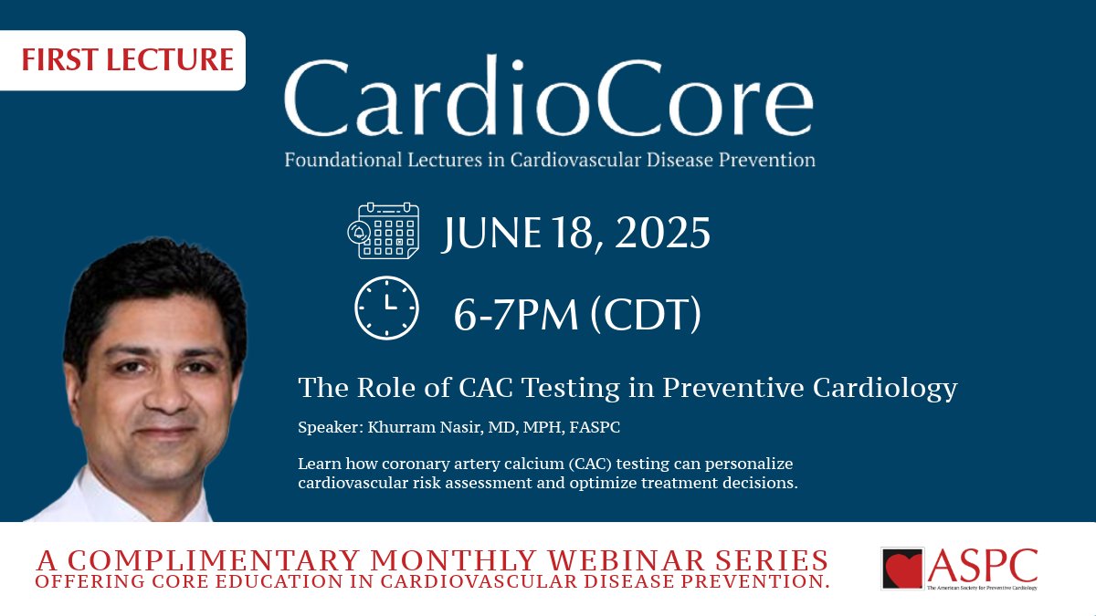 ASPC (@aspcardio) on Twitter photo ๐
June 18 | 6โ7 PM CDT
Join us for the first ASPC CardioCore lecture: The Role of CAC Testing in Preventive Cardiology with <a href="/khurramn1/">Khurram Nasir</a>, MD, MPH, FASPC
โ
Complimentary & open to all
๐ aspconline.org/events/aspc-caโฆ
#ASPC #CardioCore #CVDPrevention #CAC ๐
June 18 | 6โ7 PM CDT
Join us for the first ASPC CardioCore lecture: The Role of CAC Testing in Preventive Cardiology with <a href="/khurramn1/">Khurram Nasir</a>, MD, MPH, FASPC
โ
Complimentary & open to all
๐ aspconline.org/events/aspc-caโฆ
#ASPC #CardioCore #CVDPrevention #CAC