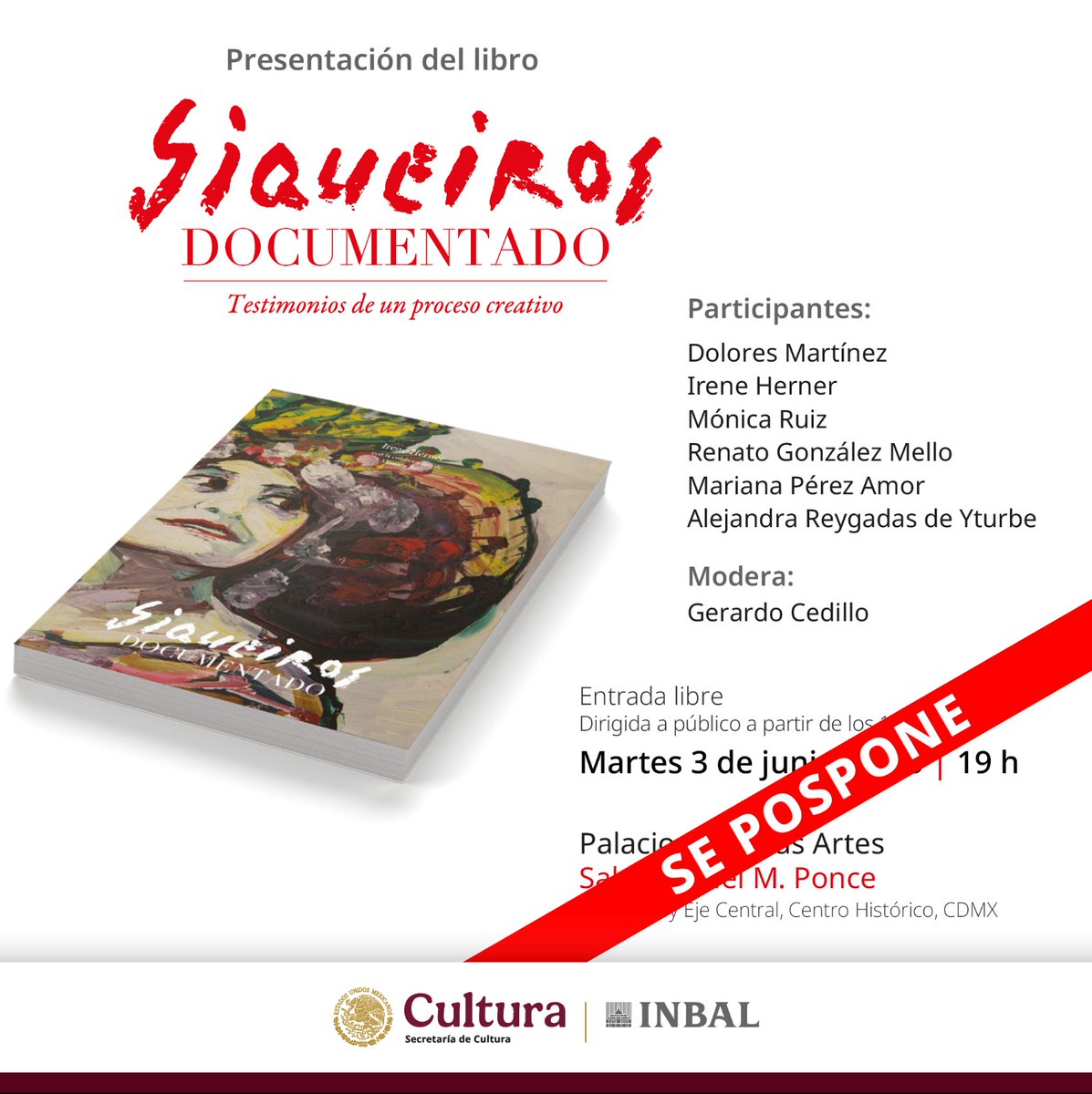 ⚠️La presentación del libro "Siqueiros documentado. Testimonios de un proceso creativo", prevista para este martes 3 de junio en la Sala Manuel M. Ponce del Palacio de Bellas Artes, ha sido pospuesta.
Agradecemos su comprensión. Compartiremos la nueva fecha más adelante.