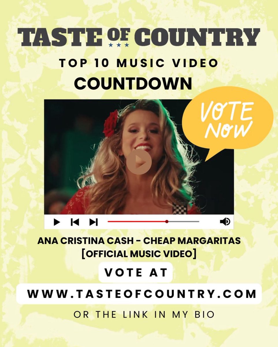 Hi Guys! I have some exciting news. My music video for “Cheap Margaritas” is on the Top 10 Countdown for @tasteofcountry!! The Link to vote for #cheapmargaritas 🍹Here is the the LINK to vote:  tasteofcountry.com/country-music-… Lets get it to #1 for my birthday week 🎂😀

#anacristinacash