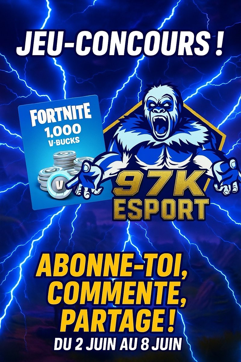 CONCOURS ALERT 🚨

La 97K Esport te fait gagner 1000 V-Bucks 🎮🔥
Tu veux participer ? Fonce sur le tiktok de 97k 

Lien Tiktok : tiktok.com/@esport97k/vid…