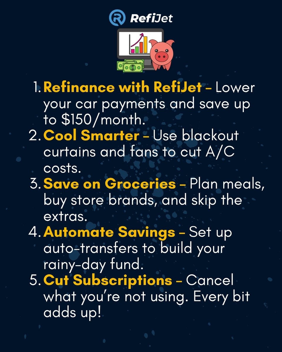 RefiJet's tweet image. 5 fast ways to save this summer:

 🚗 Refinance your auto loan with RefiJet
 ❄️ Lower A/C costs
 🛒 Shop smarter
 💰 Automate savings
 📉 Cancel unused subs
Let your money chill while you enjoy the sun!

#SummerSavings #RefiJet #MoneyTips #autoloans #carloans #refinance