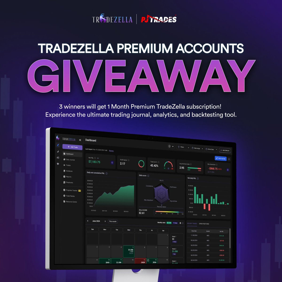 NEW 3x Tradezella Premium Accounts Giveaway! 

To enter the giveaway you must complete the following three steps.

1) Must be following <a href="/PJtrades_NQ/">PJ Trades</a> <a href="/TradeZella/">TradeZella 🦄</a> 

2) Like this post and tag 2 friends in the comments

3) Must also be following PJ Trades on IG