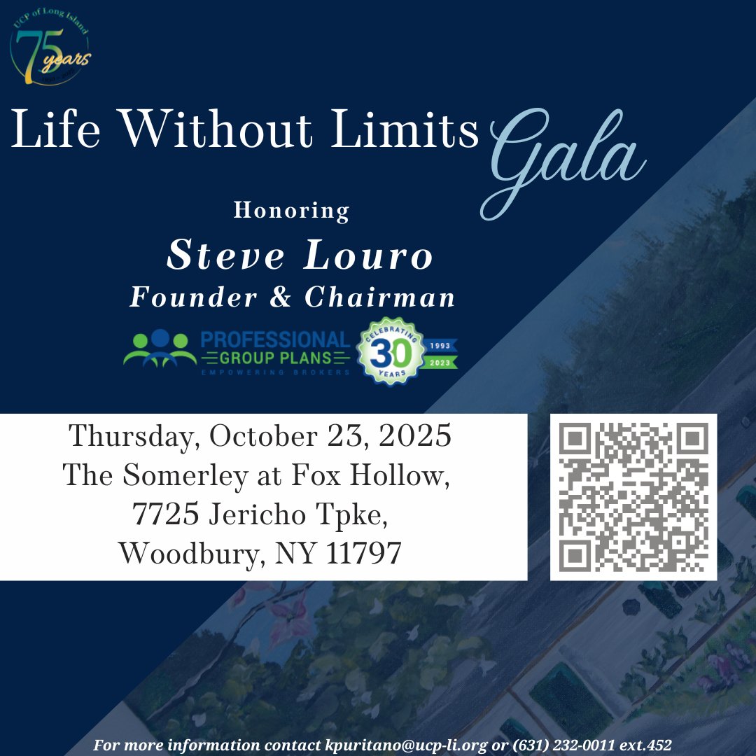 UCPofLongIsland (@ucpoflongisland) on Twitter photo Join us for UCP-LI’s Life Without Limits Gala on Thursday, October 23, 2025 at The Somerley at Fox Hollow, Woodbury, NY as we honor Steve Louro, Founder and Chairman of Professional Group Plans,
Use the link to purchase tickets:
specialevents.ucp-li.org/2025LifeWithou… Join us for UCP-LI’s Life Without Limits Gala on Thursday, October 23, 2025 at The Somerley at Fox Hollow, Woodbury, NY as we honor Steve Louro, Founder and Chairman of Professional Group Plans,
Use the link to purchase tickets:
specialevents.ucp-li.org/2025LifeWithou…