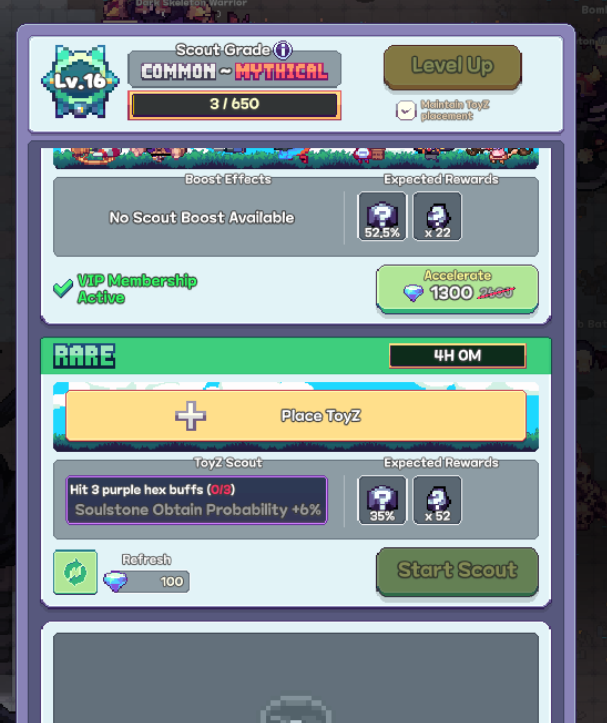 LowieSuper23's tweet photo. Just reached lvl 16 scout! where you can scout 4set of toyz including the Vip benefits.
also our chance of getting Mythical grade scout increase! LFG🚀🚀🚀
I used diamonds sometimes 🤣😵💫
@PixelHeroesMMO #Toyz #PHAcreator https://t.co/QiYW2PWzgZ