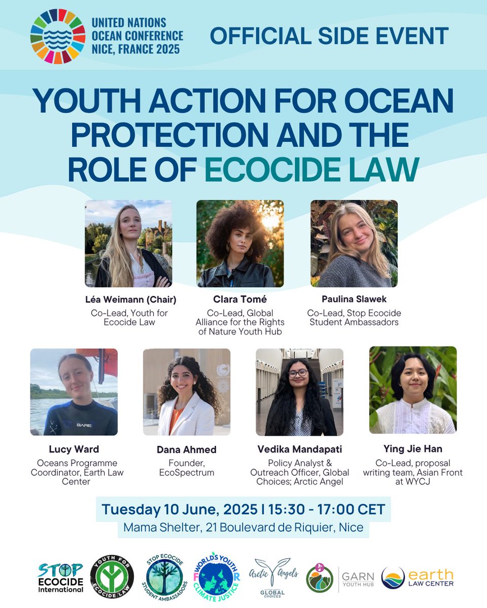 Youth For Ecocide Law (@ecocidelawyouth) on Twitter photo 🌊How can #EcocideLaw + #RightsOfNature safeguard the ocean from existential threats?
Join <a href="/EcocideLawYouth/">Youth For Ecocide Law</a>, <a href="/EarthLawCenter/">Earth Law Center</a>, <a href="/garnglobal/">Global Alliance for the Rights of Nature - GARN</a> & others for an official side event at #UNOC3 in #Nice!
⏰15:30, 10 June
📍Mama Shelter, Nice
Info: stopecocide.earth/events/youth-a…
#StopEcocide 🌊How can #EcocideLaw + #RightsOfNature safeguard the ocean from existential threats?
Join <a href="/EcocideLawYouth/">Youth For Ecocide Law</a>, <a href="/EarthLawCenter/">Earth Law Center</a>, <a href="/garnglobal/">Global Alliance for the Rights of Nature - GARN</a> & others for an official side event at #UNOC3 in #Nice!
⏰15:30, 10 June
📍Mama Shelter, Nice
Info: stopecocide.earth/events/youth-a…
#StopEcocide
