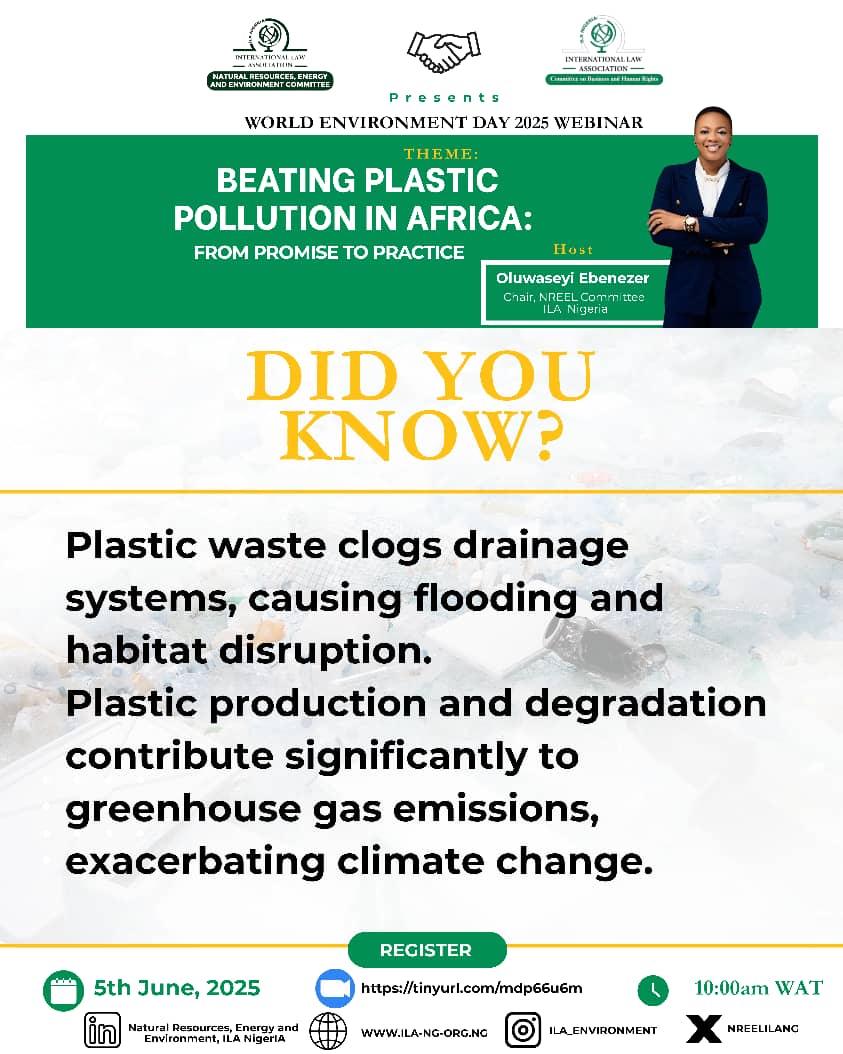 WORLD ENVIRONMENT DAY 2025 WEBINAR🌍

🎯 THEME: BEATING PLASTIC POLLUTION IN AFRICA: FROM PROMISE TO PRACTICE 

Get prepared!

📅 Date: 5th June, 2025
🕑Time: 10:00 AM WAT
📍Venue: Zoom
🔗Registration link: tinyurl.com/mdp66u6m

#nreelcommittee #worldenvironmentalday