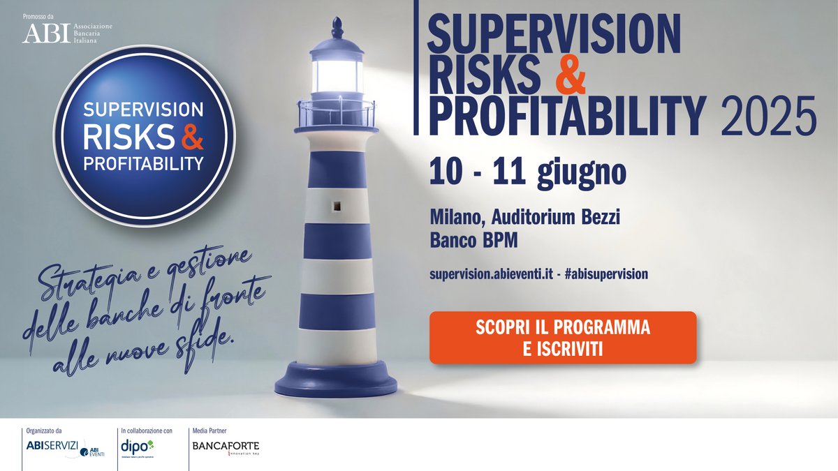 #ABI Supervision, Risks &amp; Profitability 2025 #abisupervision #10giugno #11giugno 📌 Scopri il programma della XXV edizione del Convegno: bit.ly/3ZGXCCO e👉🏼 Iscriviti bit.ly/43M3GLU (la partecipazione è gratuita per gli Associati AB e DIPO) #Vigilanza #Compliance