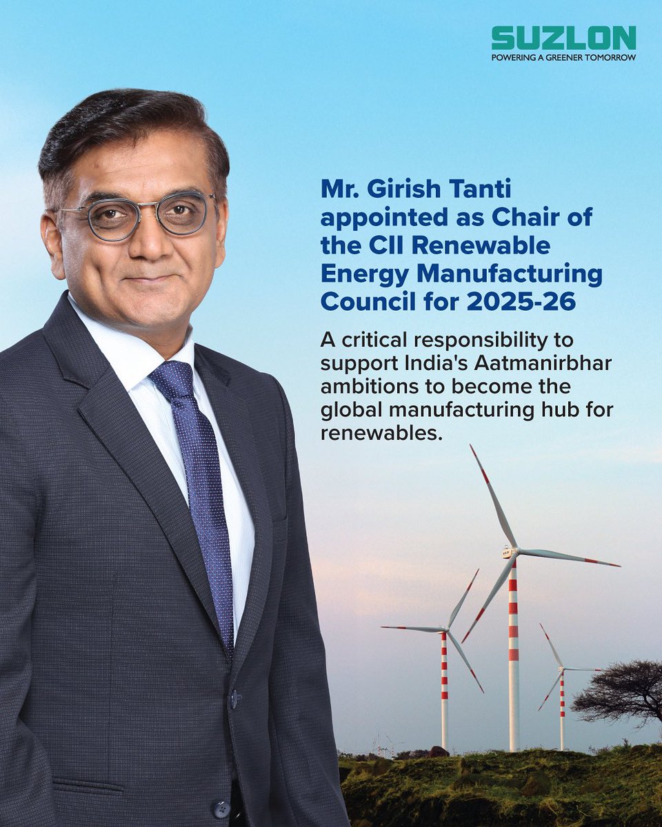 Driving India’s ambitions for manufacturing excellence in renewable energy, Mr. Girish Tanti has been elected as Chairman of the Confederation of Indian Industry (CII) Renewable Energy Manufacturing Council for 2025-26.

With an established renewable energy supply chain ecosystem