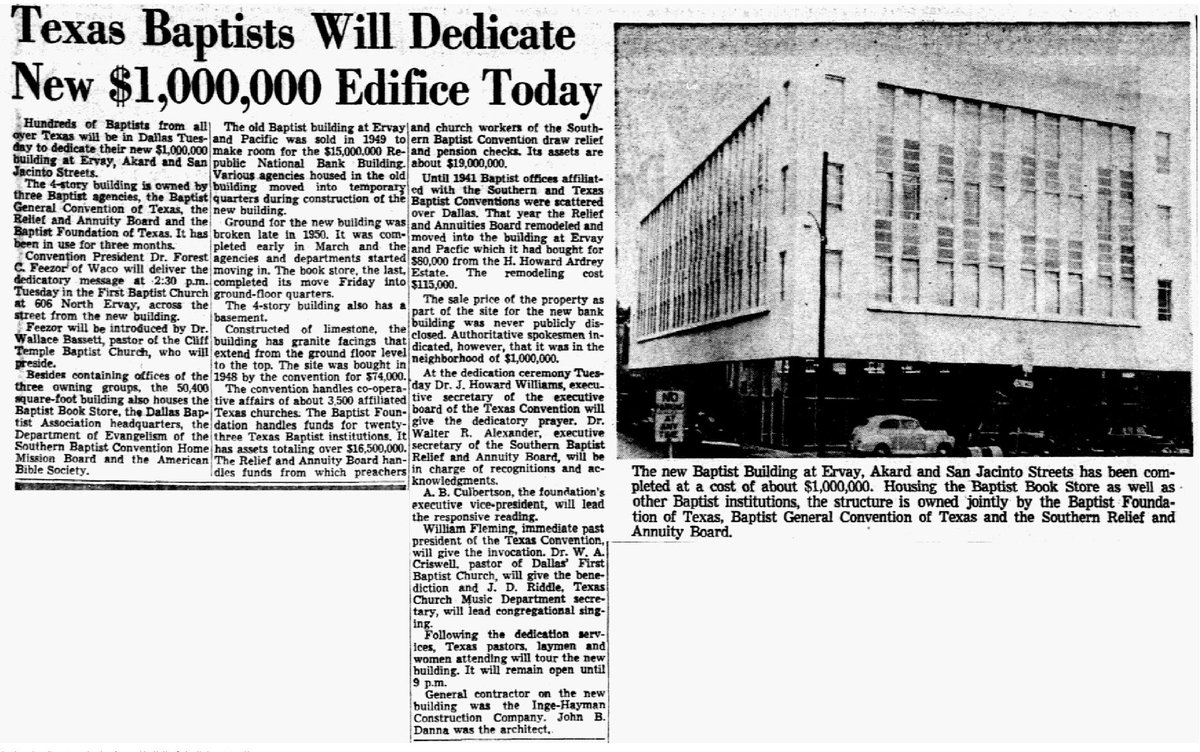 #OTD in #TexasBaptistHistory in 1952, the "Baptist Building" in Dallas (at Akard, Ervay &amp; San Jacinto) was dedicated. The BGCT, Relief &amp; Annuity Board, and the Baptist Foundation of Texas jointly owned the building. It housed offices and a Baptist Bookstore.
