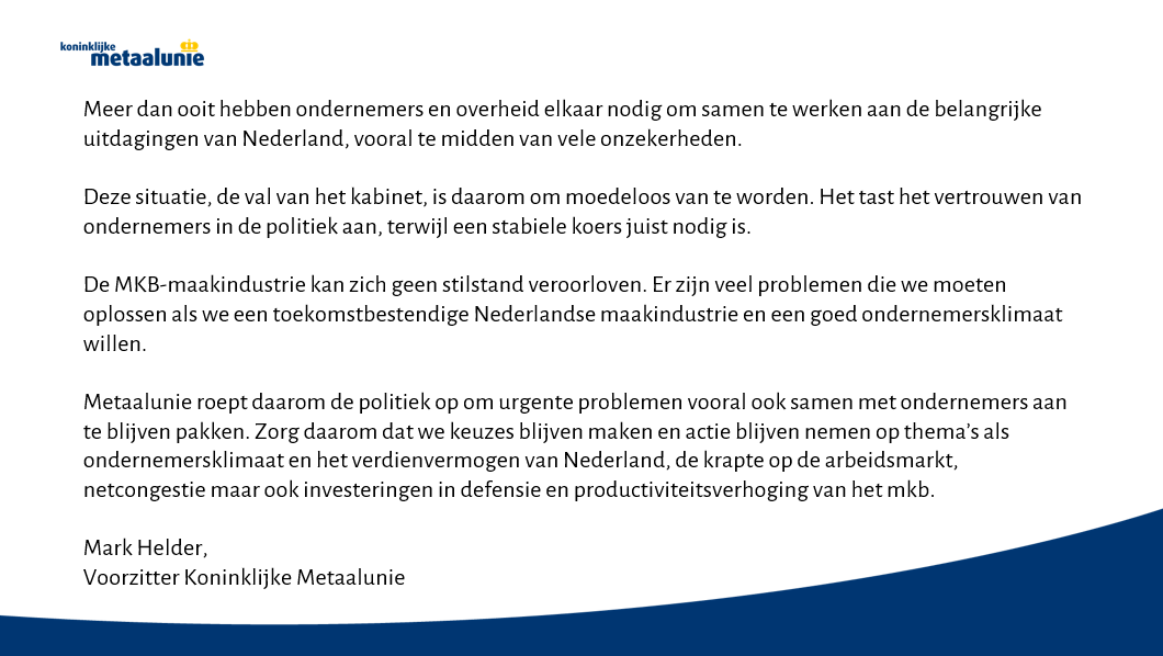 metaalunie's tweet photo. Reactie Koninklijke Metaalunie op val kabinet: "MKB-maakindustrie kan zich geen stilstand veroorloven"👇 https://t.co/vRZznyvXCW