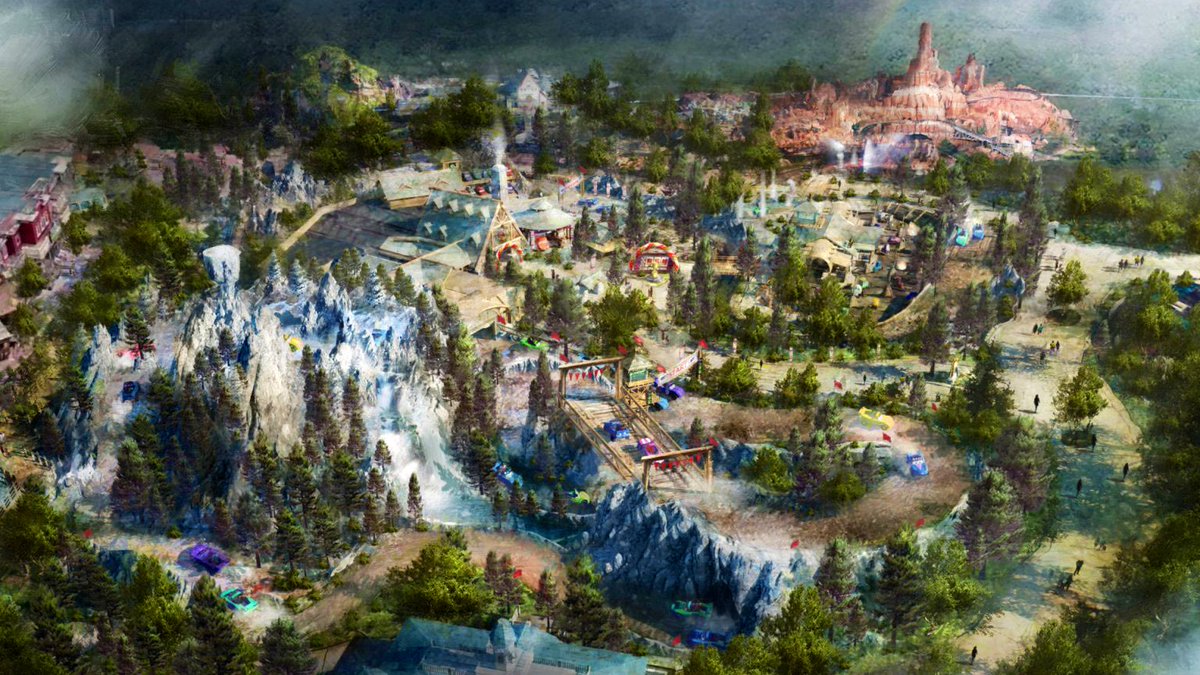 TPMvideos's tweet image. These are two very different art styles but it appears a lot more water areas are being incorporated into the final designs of the Frontierland transformation at Magic Kingdom! Piston Peak National Park looks very charming. Reminds me a lot of Grizzly Peak at DCA