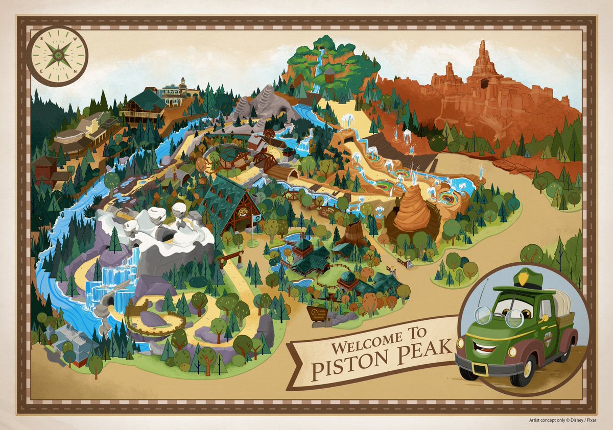 TPMvideos's tweet image. These are two very different art styles but it appears a lot more water areas are being incorporated into the final designs of the Frontierland transformation at Magic Kingdom! Piston Peak National Park looks very charming. Reminds me a lot of Grizzly Peak at DCA