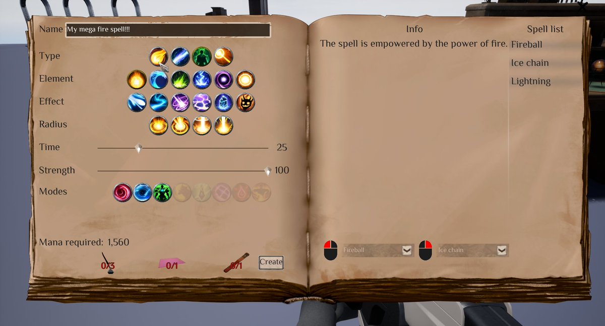 Made a new ui for the spell editor.
You can select spell type, element and eventually add machine gun mode) when I finish the system, I'll post a couple of gifs.

#indiedev #indiegame #indiegames #Steam #gaming