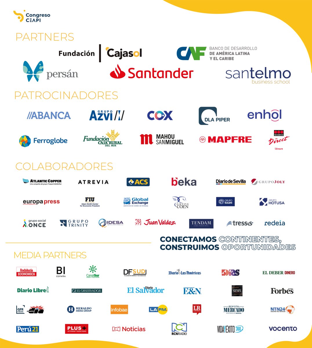 CEAPI (@ceapiconsejo) on Twitter photo ✨ Este congreso es posible gracias a la confianza de nuestros patrocinadores.
Un impulso fundamental para seguir construyendo puentes entre líderes iberoamericanos.
#VIIICongresoCEAPI @cajasol, <a href="/AgendaCAF/">CAF</a>, <a href="/santander_es/">Santander España</a>, <a href="/IISanTelmo/">San Telmo Business School</a>, <a href="/SomosABANCA/">ABANCA</a>, <a href="/fundaciongazvi/">Fundacion Grupo Azvi</a> , <a href="/grupocox/">Cox</a>, ✨ Este congreso es posible gracias a la confianza de nuestros patrocinadores.
Un impulso fundamental para seguir construyendo puentes entre líderes iberoamericanos.
#VIIICongresoCEAPI @cajasol, <a href="/AgendaCAF/">CAF</a>, <a href="/santander_es/">Santander España</a>, <a href="/IISanTelmo/">San Telmo Business School</a>, <a href="/SomosABANCA/">ABANCA</a>, <a href="/fundaciongazvi/">Fundacion Grupo Azvi</a> , <a href="/grupocox/">Cox</a>,