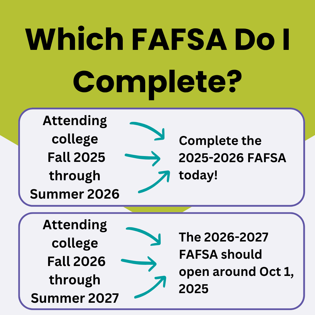 For students heading to college Fall 2025, complete your FAFSA today at fafsa.gov. For students heading to college Fall 2026, the FAFSA isn't quite ready yet, but should be available around Oct 1, 2025.