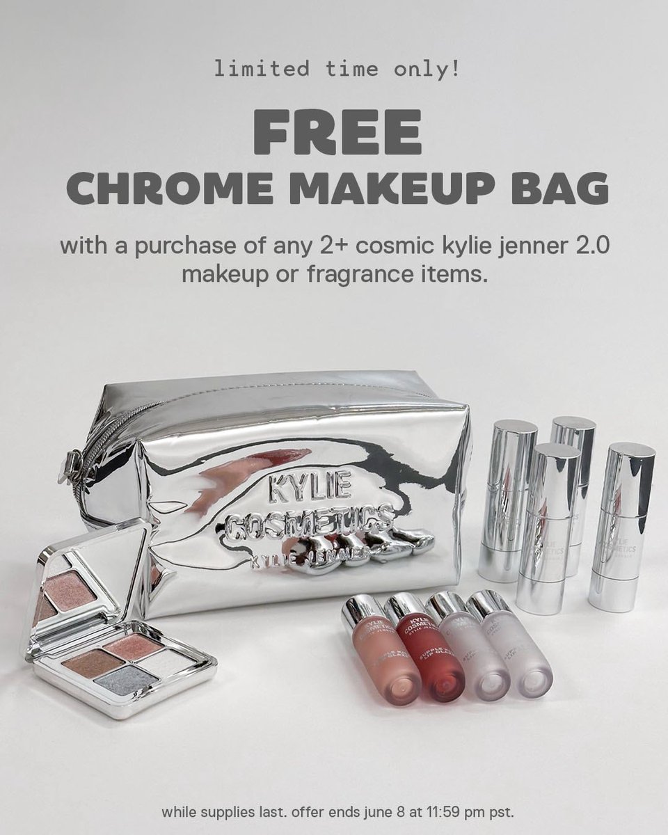 shop our limited-edition summer makeup collection - inspired by cosmic kylie jenner 2.0! 💫 plus, get a FREE makeup bag with a purchase of any 2+ cosmic makeup or fragrance items on kyliecosmetics.com! 🩶