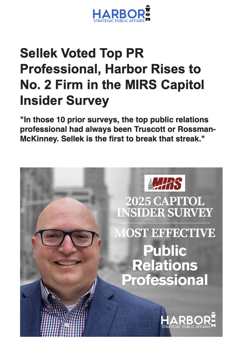 HarborStrategic's tweet photo. Harbor's Chief Strategist, @JohnSellek, was selected as the Most Effective Public Relations Professional in the 2025 @MIRSnews Capitol Insider Survey!
#Lansing #MIRS #Politics #publicrelations https://t.co/bRWnLDSb1U