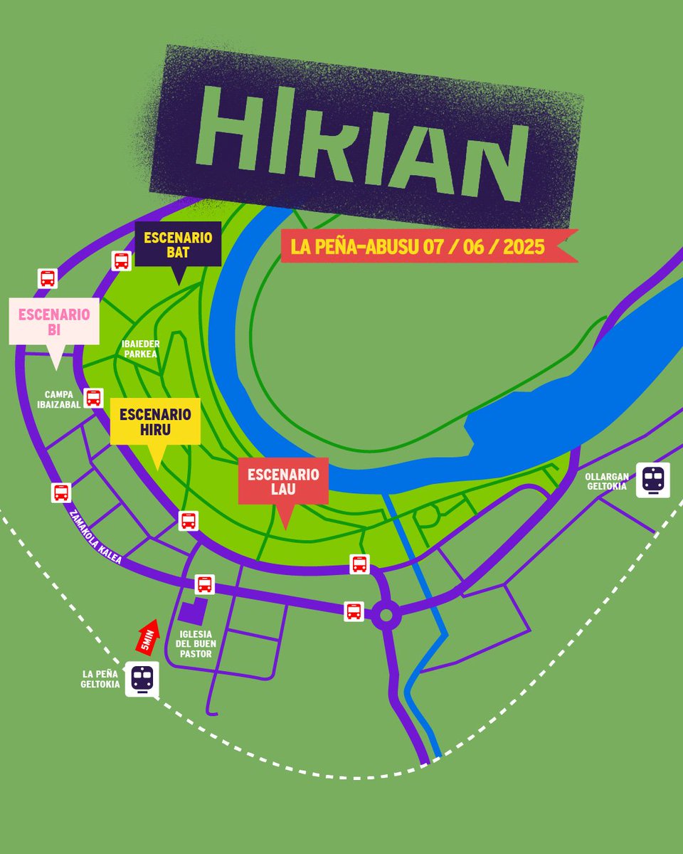 Bilbao !!!! Este sábado nos vemos en #hirian
Aquí os dejamos los horarios y el mapa de accesos. 
Es gratis, nosotros tocamos a las 17:30 hs ☀️ en el escenario Bat.

¡¡ Ojalá veros allí !!