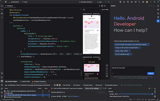 AndroidStudio's tweet image. Stop coding, start creating! At #GoogleIO we just dropped the future of Android developer tools.

Discover the Android Studio features designed to accelerate your workflow and make app development a joy. 

Watch now → goo.gle/3HiuPyr
