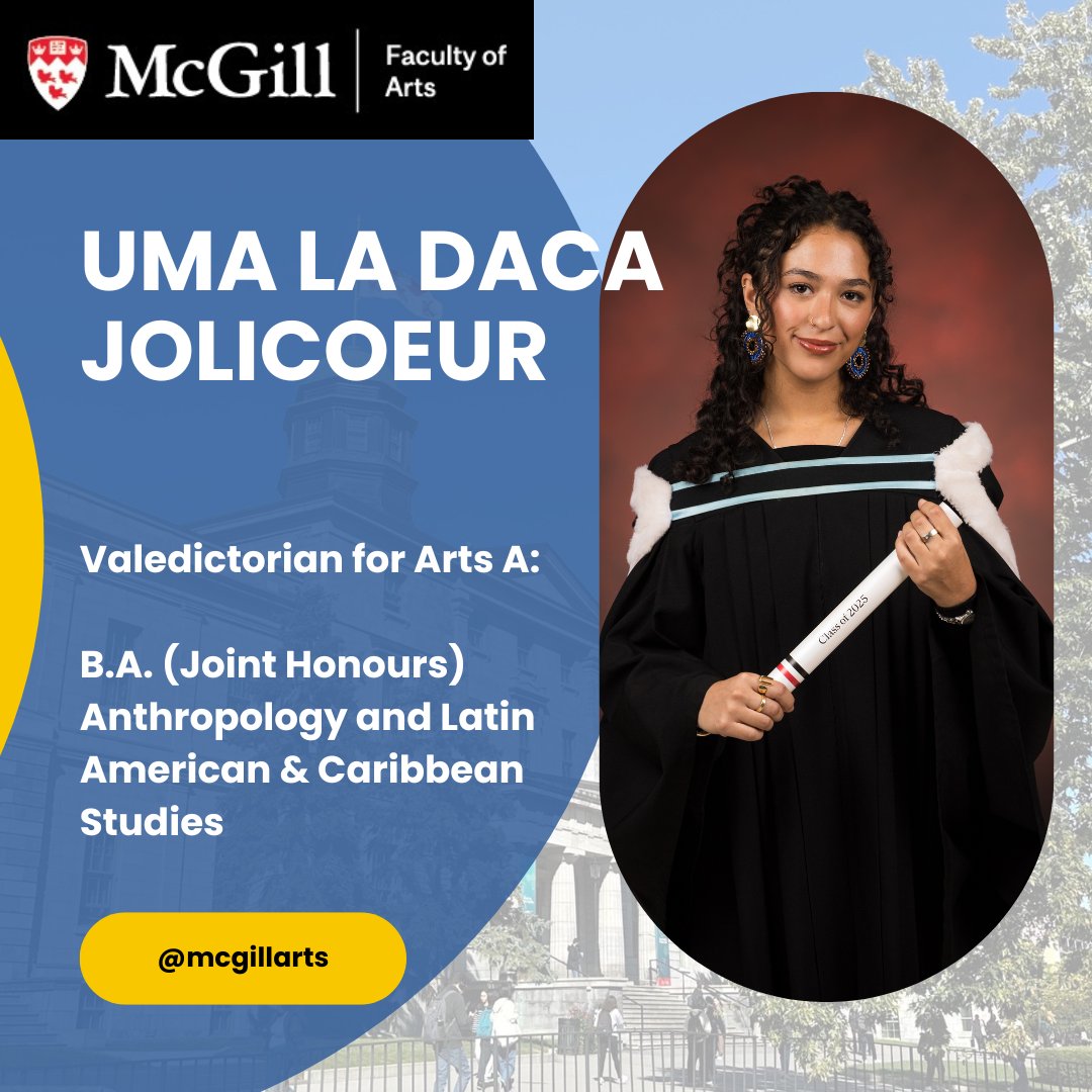 We asked Spring 2025 Arts Valedictorian Uma La Daca Jolicoeur to share her thoughts and reflections on her #McGillArts journey.   

Read about Uma's experience at McGill here: mcgill.ca/arts/article/w…