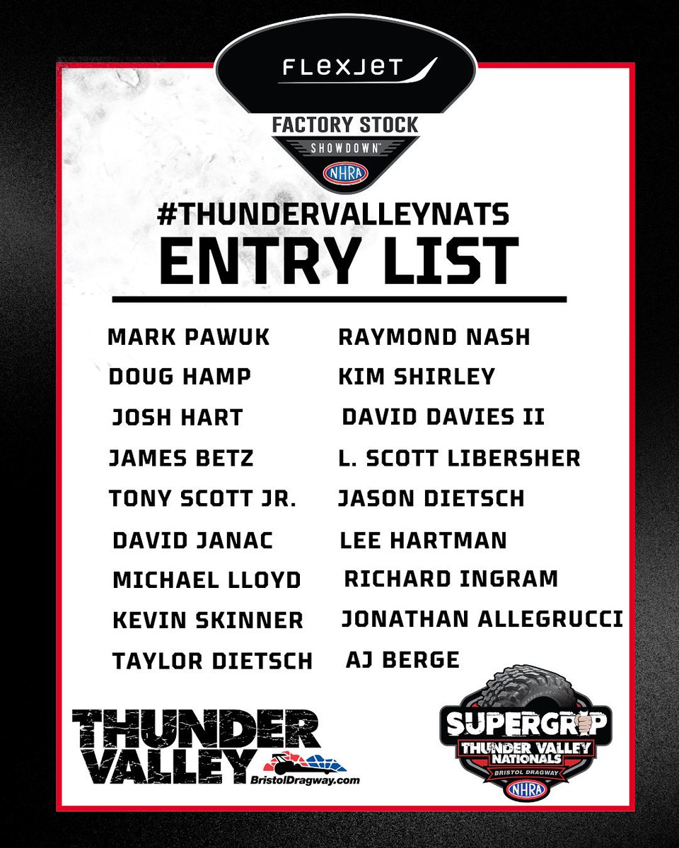 The NHRA Factory Stock Showdown is Bristol-bound!
📋 These teams are locked in and ready for action starting Friday at the #ThunderValleyNats. Who’s got what it takes to bring home the Wally ? ⛰️🏆

<a href="/Flexjet/">Flexjet</a> | <a href="/NHRA/">NHRA</a> | <a href="/FlexjetCareers/">Flexjet Careers</a> | #NHRAFSS | <a href="/BristolDragway/">Bristol Dragway</a>