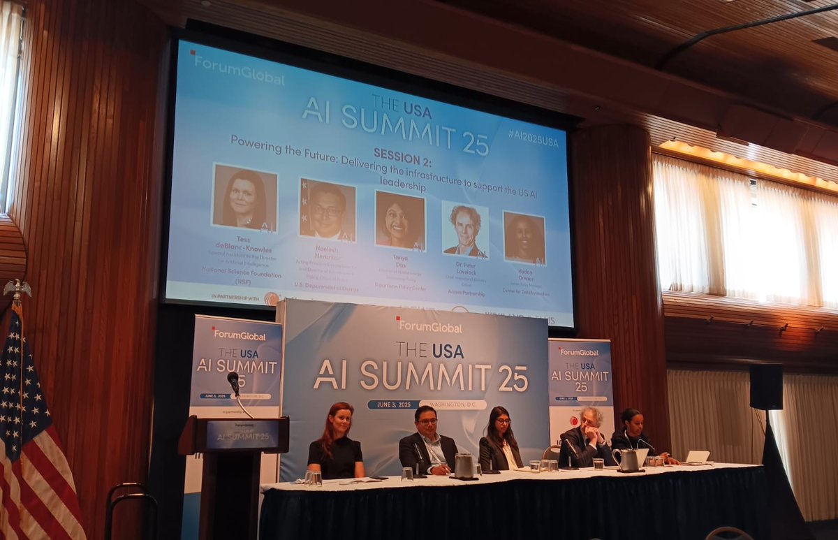Forum Global (@forum_global) on Twitter photo Session 2 at #AI2025USA explored the required #AI infrastructure for US leadership with:
‣ Tess deBlanc-Knowles (<a href="/NSF/">U.S. National Science Foundation</a>)
‣ Neelesh Nerurkar (<a href="/ENERGY/">U.S. Department of Energy</a>)
‣ <a href="/_tanyadas/">Tanya Das</a> (<a href="/BPC_Bipartisan/">Bipartisan Policy Center</a>)
‣ Dr. Peter Lovelock (<a href="/AccessAlerts/">Access Partnership</a>)
‣ Moderated by: <a href="/hodanomaar/">Hodan Omaar</a> (<a href="/DataInnovation/">Center for Data Innovation</a>) Session 2 at #AI2025USA explored the required #AI infrastructure for US leadership with:
‣ Tess deBlanc-Knowles (<a href="/NSF/">U.S. National Science Foundation</a>)
‣ Neelesh Nerurkar (<a href="/ENERGY/">U.S. Department of Energy</a>)
‣ <a href="/_tanyadas/">Tanya Das</a> (<a href="/BPC_Bipartisan/">Bipartisan Policy Center</a>)
‣ Dr. Peter Lovelock (<a href="/AccessAlerts/">Access Partnership</a>)
‣ Moderated by: <a href="/hodanomaar/">Hodan Omaar</a> (<a href="/DataInnovation/">Center for Data Innovation</a>)