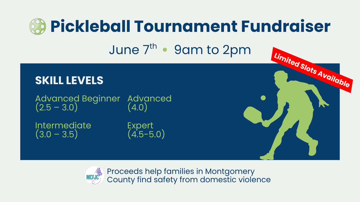 ⏳ Don’t wait! Pickleball for a Purpose is Saturday, 6/7, and registration is filling up fast. Whether you want to play, learn, or support from the sidelines, now’s the time to sign up. Help survivors of domestic violence and their children.
 ➡️ Register: mcfjcf.ejoinme.org/tickets