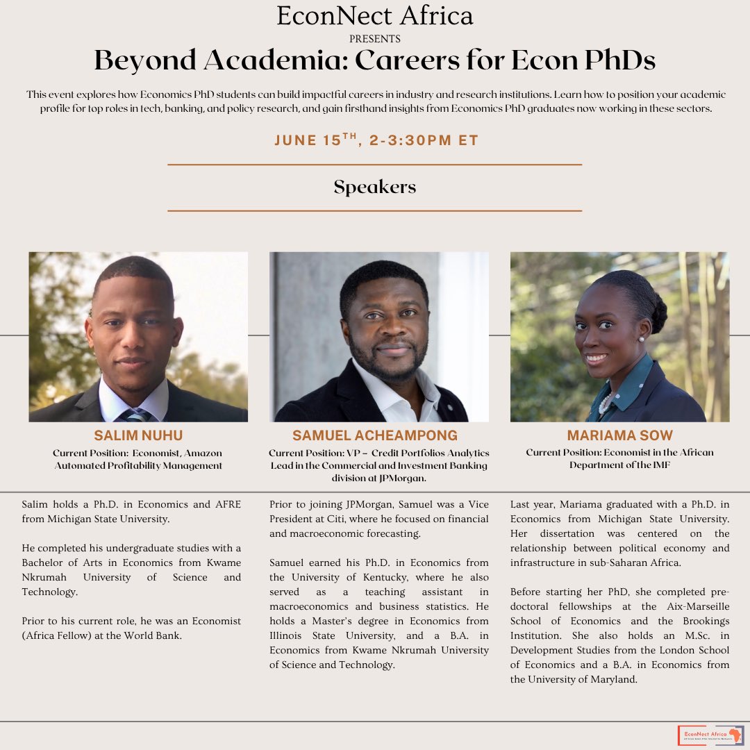 EconNect_Africa's tweet photo. 🚨Econ PhDs — wondering what’s beyond academia?

Join us for a members-only virtual panel on June 15th, 2-3:30 PM ET featuring Economists from the IMF, JPMorgan, and Amazon.

Gain tips &amp; insights for careers in industry &amp; policy research.

Become a member: https://t.co/cPbWPi37Gi https://t.co/j1TMwrSQYk