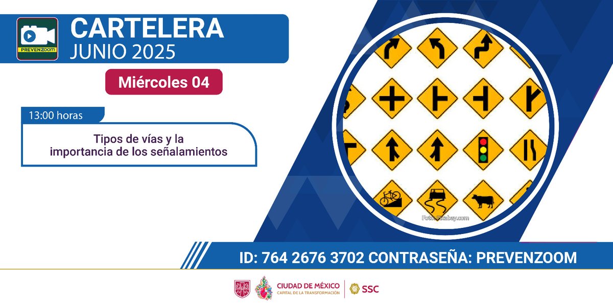Como parte de la estrategia de seguridad de la
<a href="/SSC_CDMX/">SSC CDMX</a>, te invitamos al taller "Tipos de vías y la importancia de los señalamientos", que impartiremos en la cartelera de PREVENZOOM este miércoles 4 de junio a las 13 hrs. 🔴Zoom ID 764 2676 3702