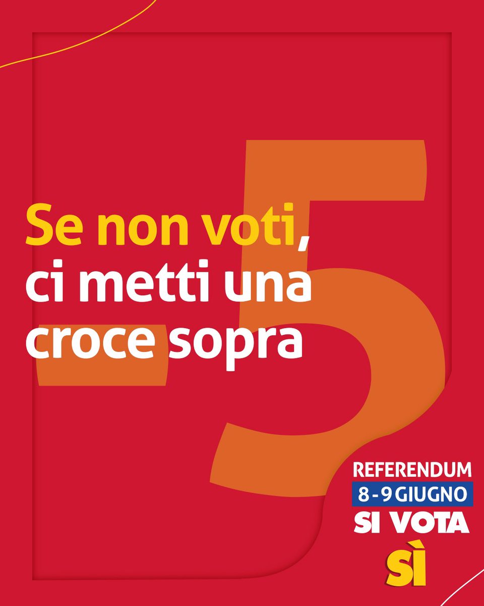 Se non voti, ci metti una croce sopra.
 
Mancano solo 5 giorni al #Referendum2025
 
L’8 e 9 giugno fai sentire la tua voce!
 
#insiemeperilreferendum #Lavoro #Diritti #Cittadinanza #CGIL