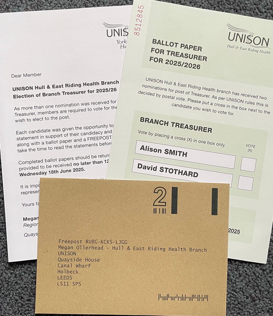 Unison Hull & East Riding Health ๐ (@unisonherhealth) on Twitter photo Ballot papers are out and arriving with members today - for the Unison Hull & East Riding Health branch treasurer.
We urge our members to vote as soon as they receive their ballot paper.
<a href="/unisontheunion/">UNISON - UK's largest union</a> <a href="/unisonyh/">UNISON Yorkshire & Humberside</a> Ballot papers are out and arriving with members today - for the Unison Hull & East Riding Health branch treasurer.
We urge our members to vote as soon as they receive their ballot paper.
<a href="/unisontheunion/">UNISON - UK's largest union</a> <a href="/unisonyh/">UNISON Yorkshire & Humberside</a>